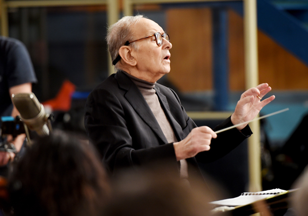 LONDON, ENGLAND - DECEMBER 08: Composer Ennio Morricone is seen during a Live Recording for the H8ful Eight Soundtrack at Abbey Road Studios on December 8, 2015 in London, England. (Photo by Kevin Mazur/Getty Images for Universal Music)