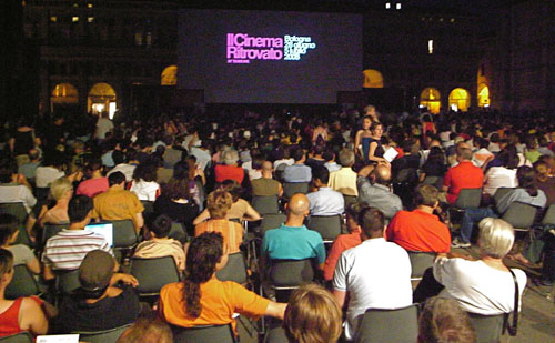 A vast crowd assembles for the nightly screening on the Piazza Maggiore.